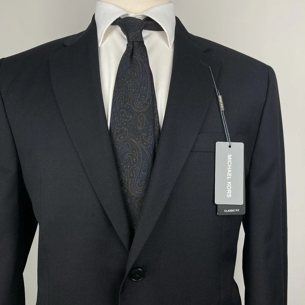 Michael Kors Mens Classic-fit Suit Jacket Blazer 42S‎ Black Solid Stretch E06827